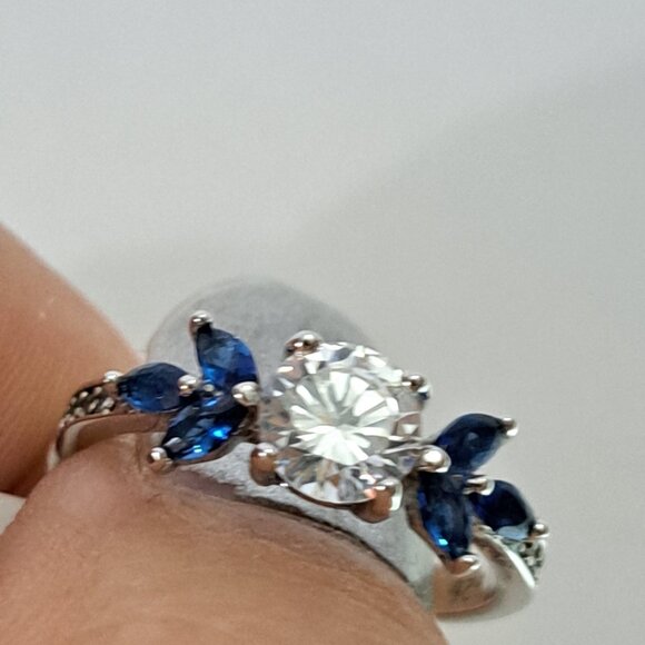 Sterling Silver 925 Stamped Ring. Blue Sapphire and Diamond look stones, Size 7 - Picture 2 of 4